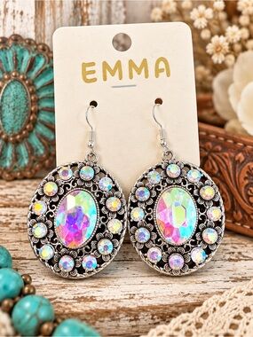 EMMA Iridescent Rhinestone Silver Western Statement Earrings